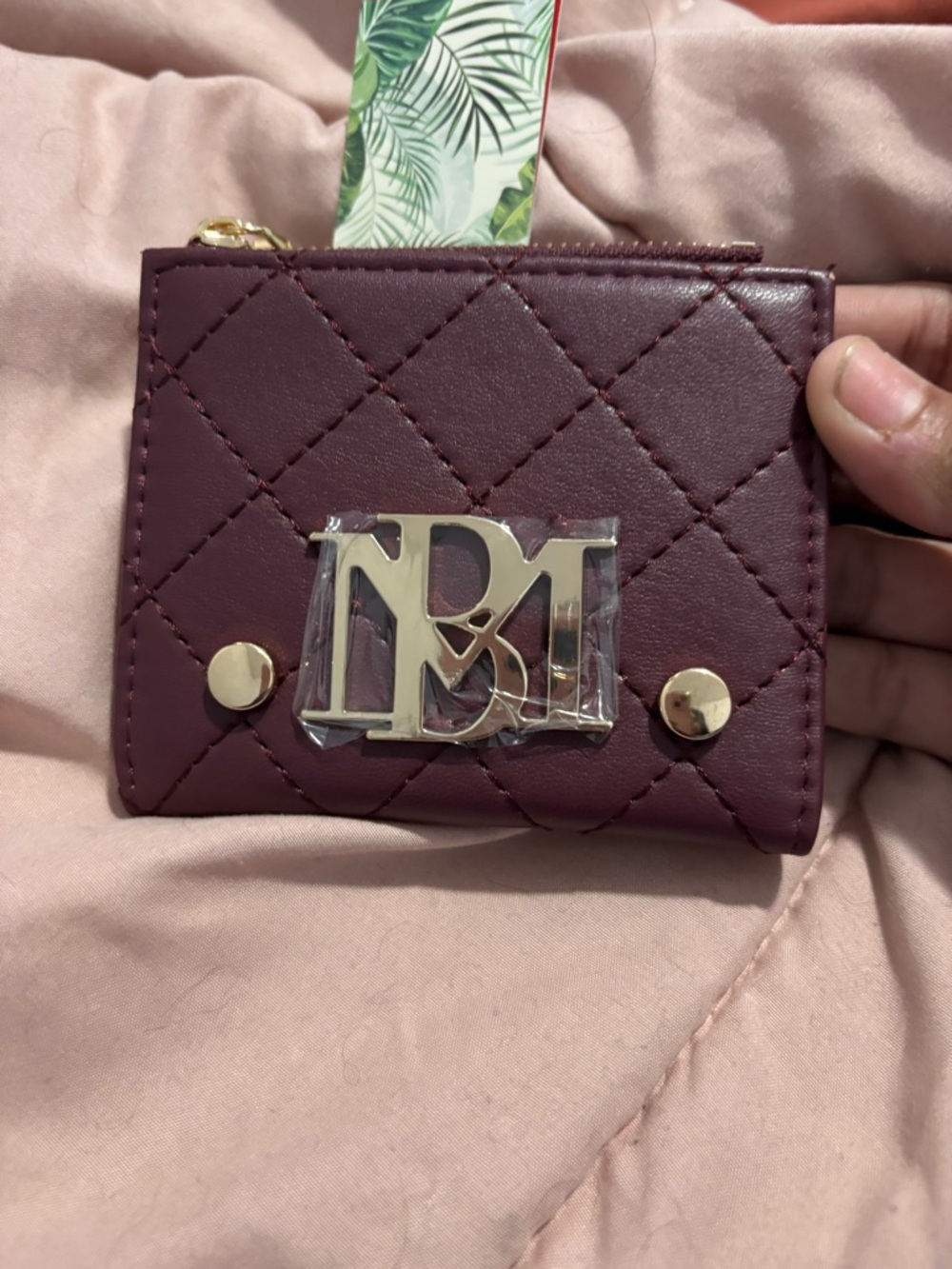 Quilted Burgundy Leather Card Holder with Gold Hardware